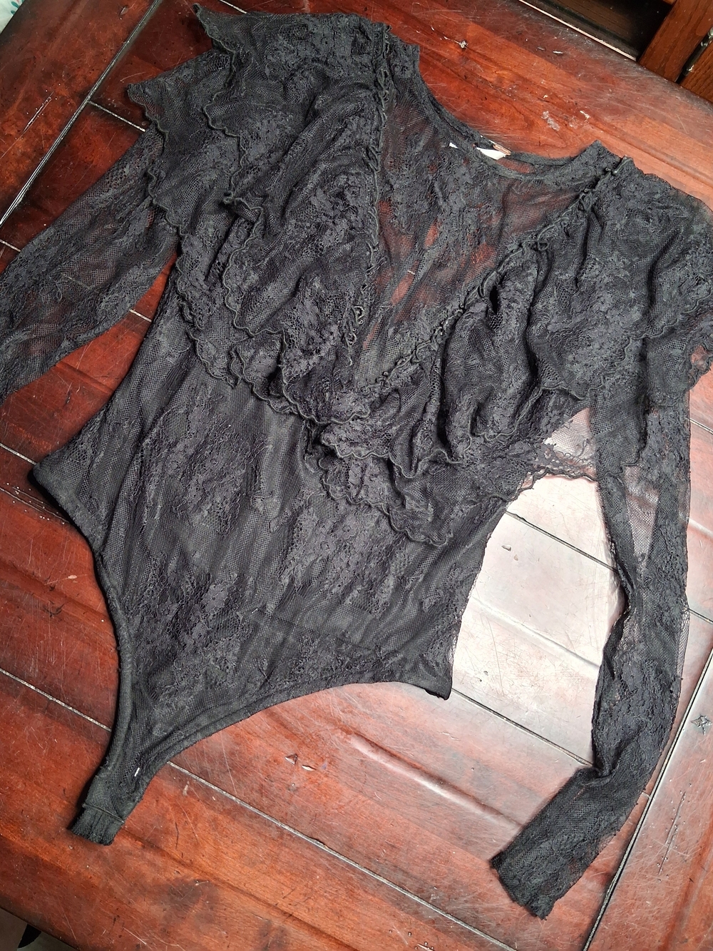 Free People Black Lace Ruffle Long-Sleeve Bodysuit